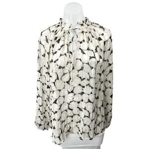 NEW H&M Beige Black Sea Shells Long Sleeve Mock Ruffle Keyhole Blouse Top Size M